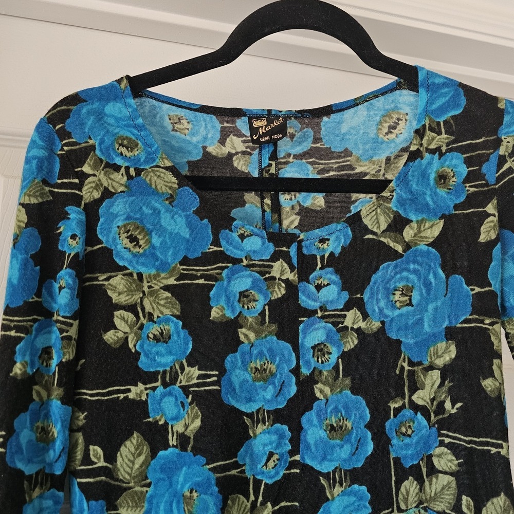 1980s Vintage Marlet Gran Moda Minindress Midnight Blue Black Floral #96 - Picture 2 of 6